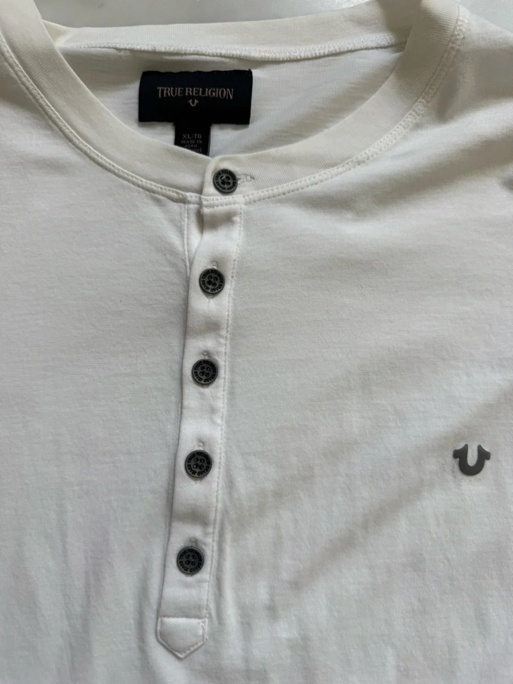 True Religion Men's White Long Sleeve Henley with Contrast Stitch